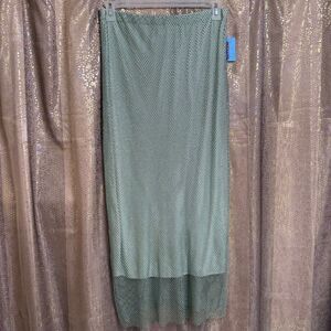 WAYF Light Sage Green Rhinestone Fishnet Mesh Maxi Skirt Large NWT